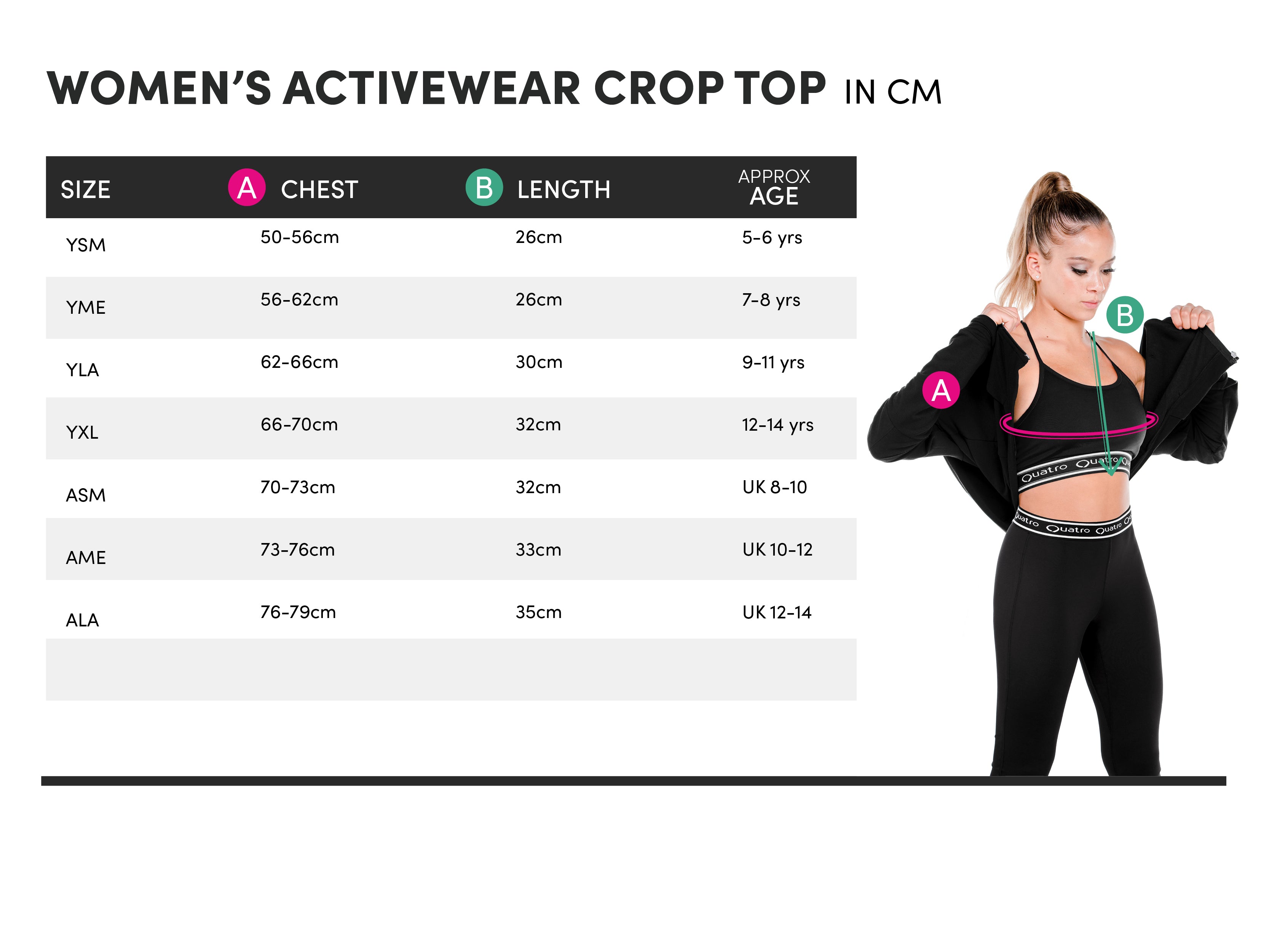 Womens activewear crop top size guide — Quatro Apparel Inc
